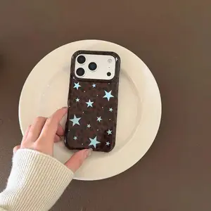 Shockproof Protective Smartphone Case - Creative Brown Leopard Print & Blue Stars Pattern, Cellphone Accessory for iPhone 11/12/13/14/15/16/17 Pro, ProMax, Plus, Air, Handheld Shell