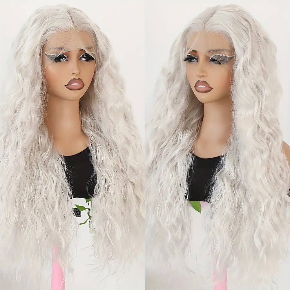 13x4 Platinum White Lace Front Wig with Water Wave Curls - Pre-Plucked, Heat Resistant, Glueless Design for Women - Natural Look, Daily Use, Suitable for All Light Beige Tones