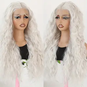 13x4 Platinum White Lace Front Wig with Water Wave Curls - Pre-Plucked, Heat Resistant, Glueless Design for Women - Natural Look, Daily Use, Suitable for All Light Beige Tones