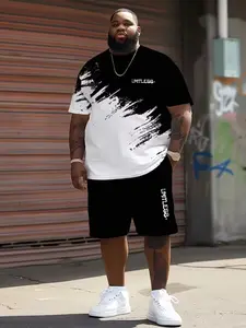 Men's Large Size Casual Breathable Sportswear All Seasons Set, Geometric Pattern Design, Round Neck Polyester Knit T-Shirt, Pocket Shorts, Comfortable Fit, Streetwear Tracksuit Set, Athleisure Summer Clothes