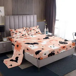 Feelyou Cute Ghost Pattern Bed Sheets Set - Pink Soft Microfiber Bedding with Bat Pumpkin Design, Fitted Sheet for Kids' Halloween Room Decor
