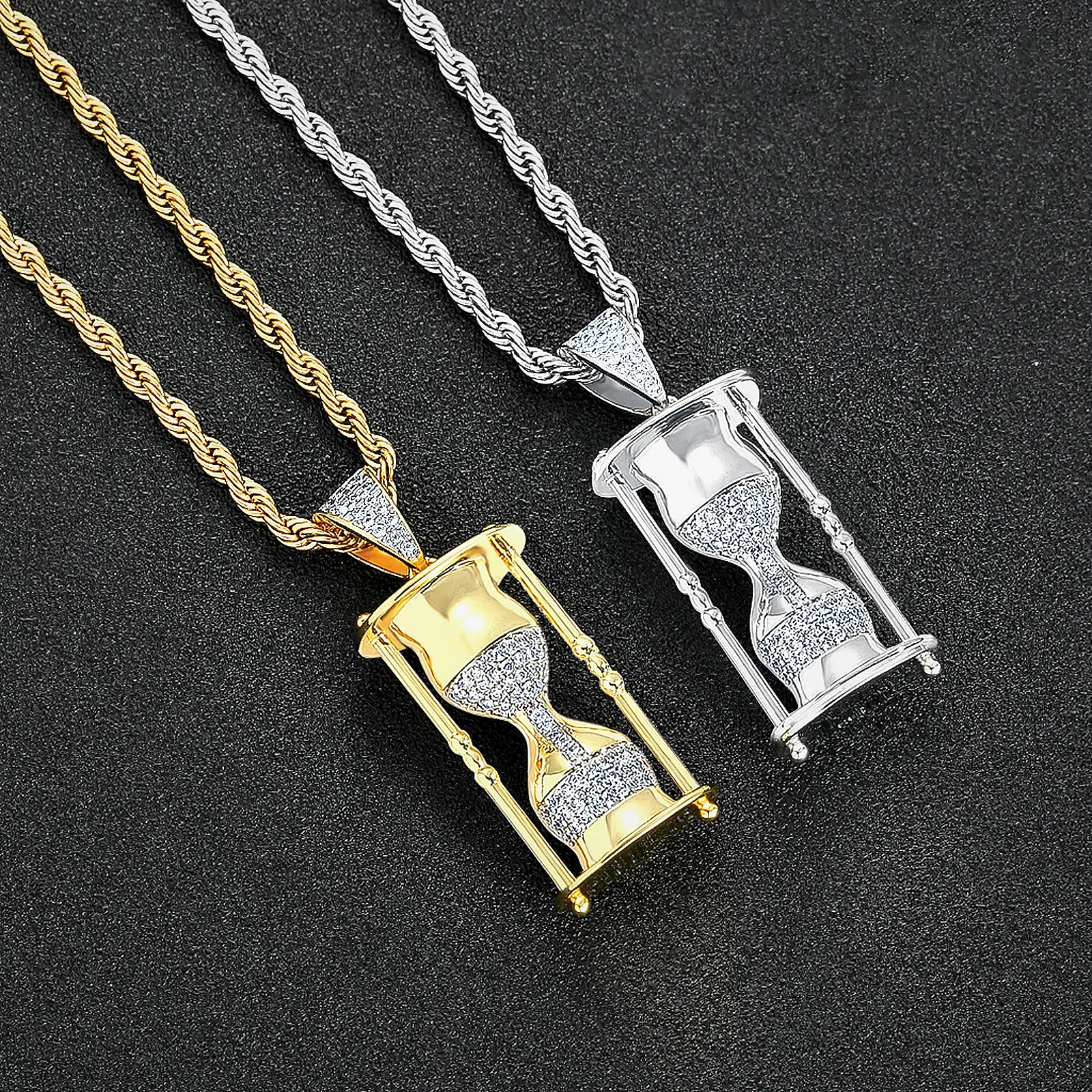 S925 Sterling Silver Iced-Out Hourglass Pendant Necklace, Unisex Sparkling Cubic Zirconia Sand Timer Charm with Rope Chain, Trendy Everyday Jewelry Gift for Men and Women, Daily, Iced Out Chains, Decorative Necklace