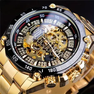 Men'sLuxuryGoldAutomaticMechanicalWatch,withSkeletonDial,StainlessSteelBand,andCrystalAccents–FashionAnalogDisplay,SuitableforCasualorBusinessWear