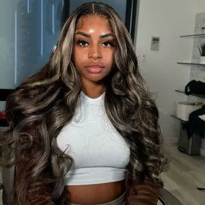 New 210% Density Upgrade Black with Brown Blonde Highlight Wig Human Hair 13x4 HD Body Wave Luxury Balayage Blonde Highlight Wig 12A Grade Raw Hair Pre Plucked Ombre Lace Front Wig