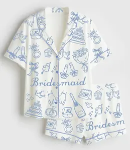 Bridesmaids Matching Satin Pajama Set for Adult & Youth, Funny Blue Bridal Party Pjs, Engagement Wedding Pajama Set, Short Sleeve Luxury Sleepwear, Maid of Honor Gifts