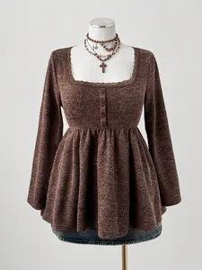 Sunspun Plus Size Coffee Brown Faux Fur Peplum Sweater – Square Neck Vintage Elegant Top for Autumn/Winter