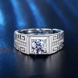 925 Sterling Silver Rings for Men Adjustable Open Band Sparkling Moissanite Signet Ring Vintage Greek Key Pattern Prom Wedding Engagement Male Jewelry Gift for Husband anniversary party jewelry gift