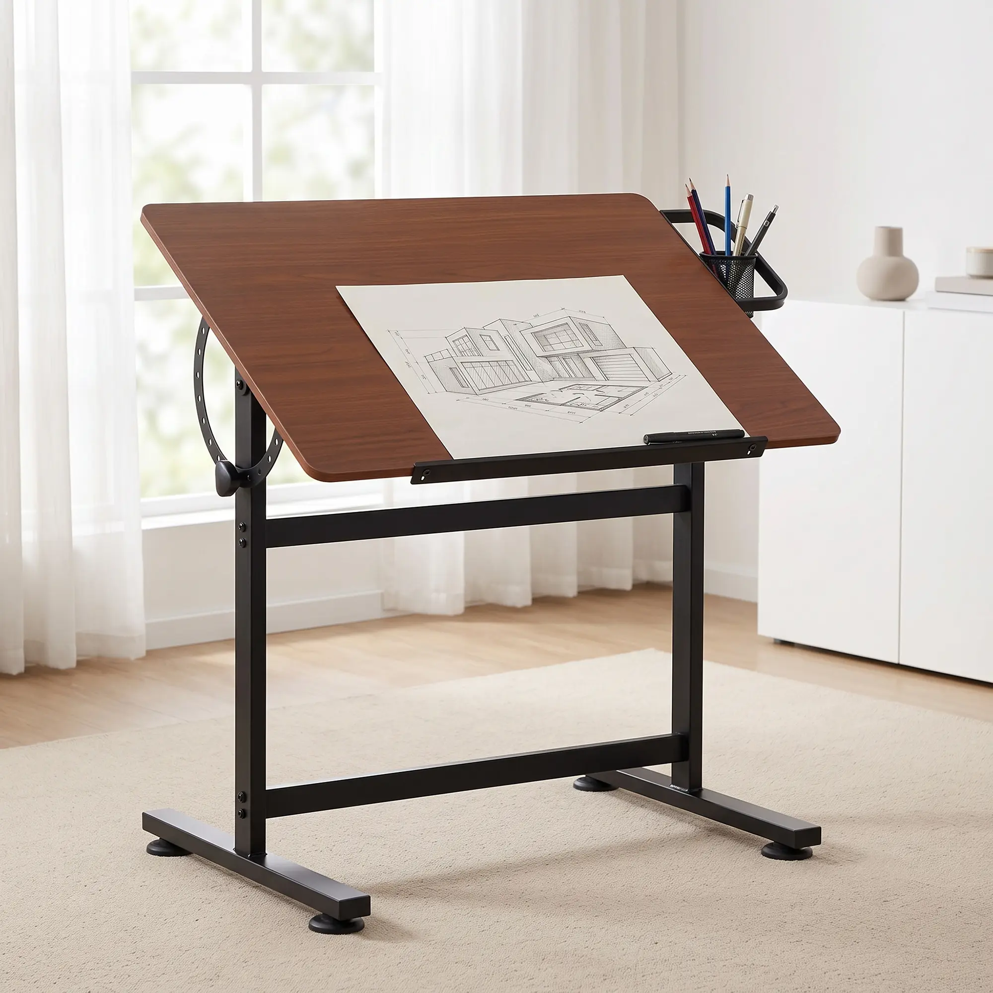 SuperDeal Adjustable Tilt MDF Desktop Drafting Table - 36" Size, MDF-Steel Walnut Brown & Black H-Frame, Pen Holder, 88lbs Capacity, for Office Work, Drawing, Crafting