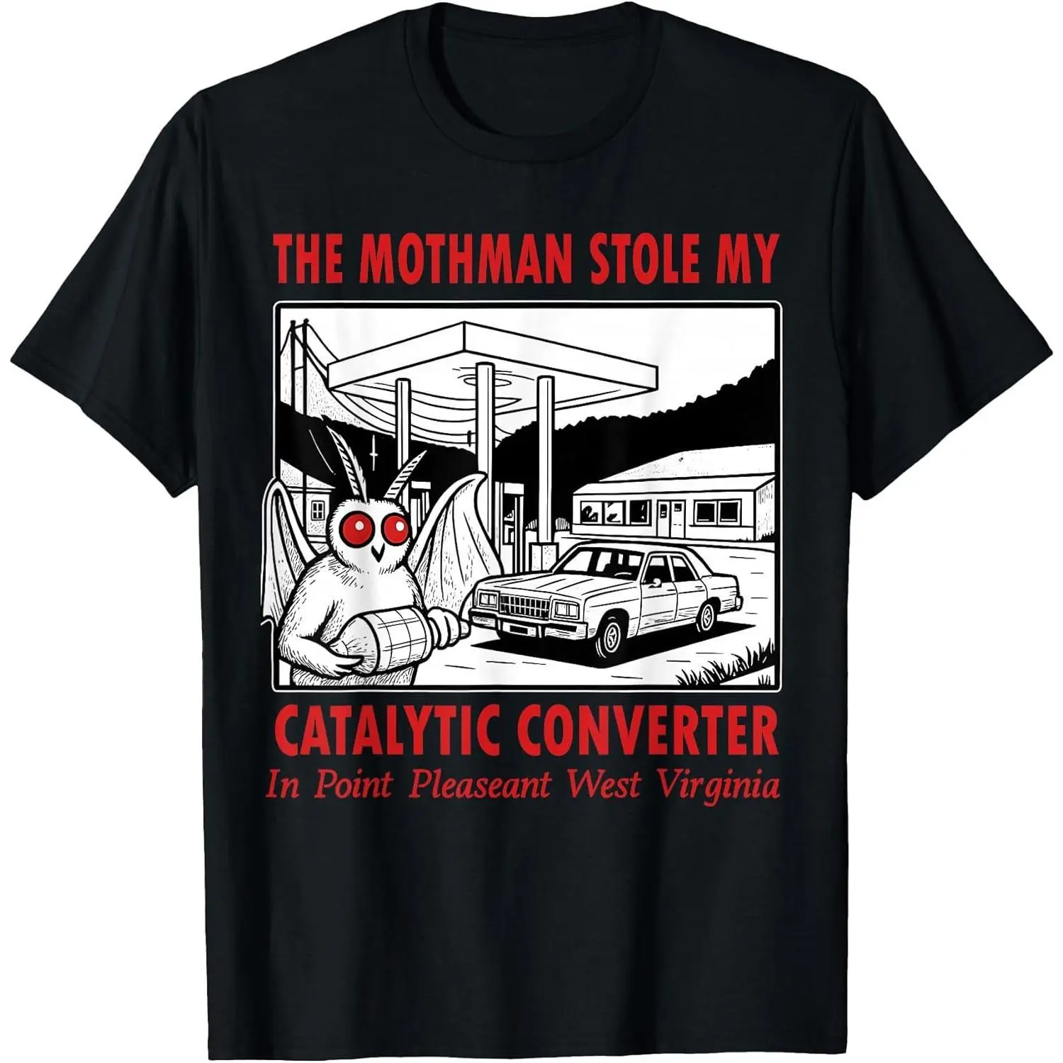 Men's Graphic T-Shirt, Funny Retro Mothman "Stole My Catalytic Converter" Print, Casual Short Sleeve Top in 100% Soft Cotton, Tshirt
