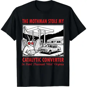 Men's Graphic T-Shirt, Funny Retro Mothman "Stole My Catalytic Converter" Print, Casual Short Sleeve Top in 100% Soft Cotton, Tshirt