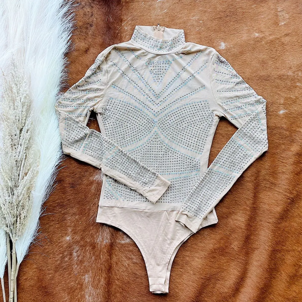 Sheer Rhinestone Bodysuit - Fitted Top with Zipper Back, Geological Rhinestone Pattern, Medium Fit, Mock Neck, Mesh Fabric, Long Sleeve - Tops, Comfort, Womenswear