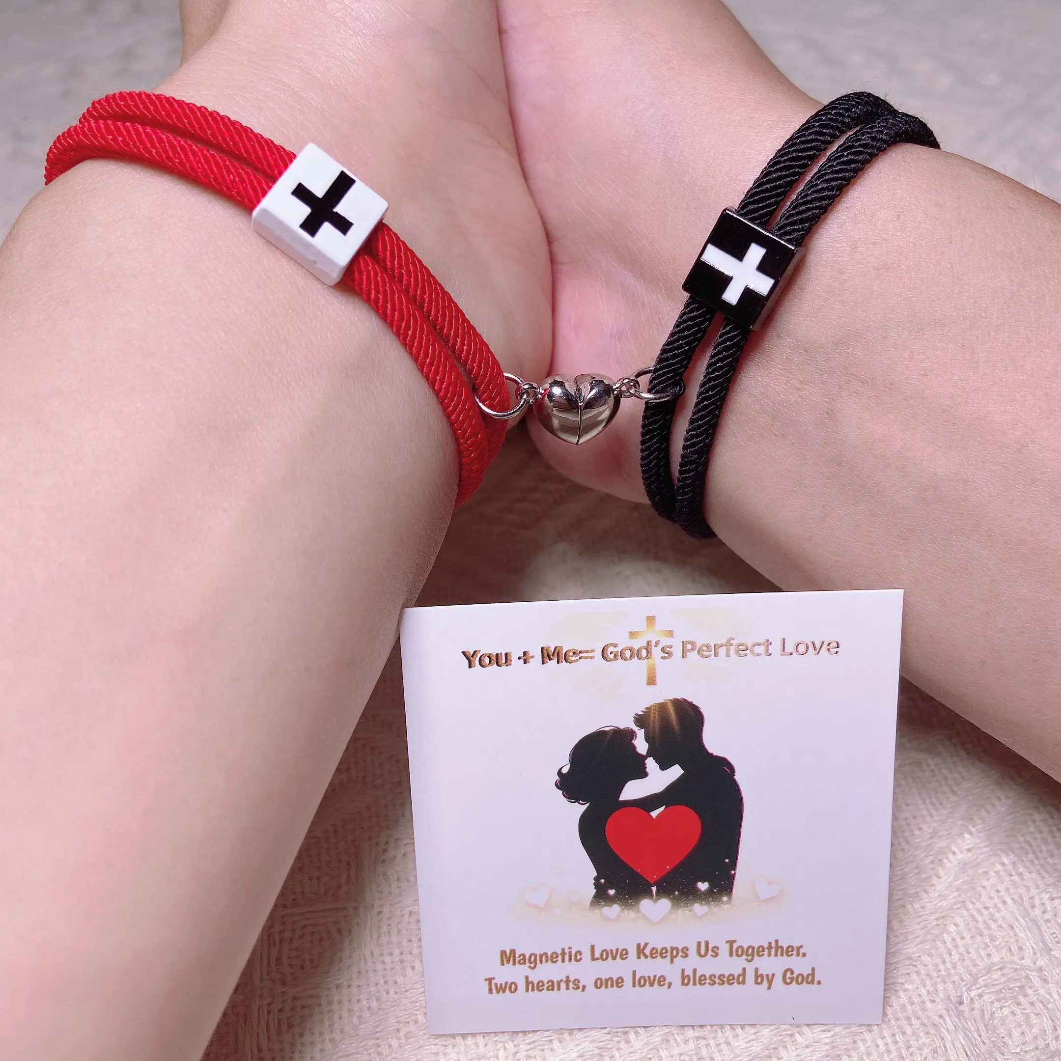 GODISS Unisex Magnetic Hearts Cross Bracelets Set, Red & Black Adjustable Braided Cord Design, Christian Baptism & Anniversary Gift for Couples