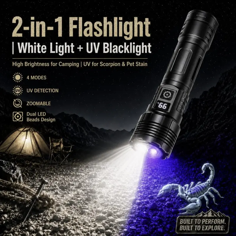 [New Arrival]2/1PCS High-Powered 2-in-1Flashlight Zoomable with Convex Lens,White&UV Light Telescopic Focus Flashlight,Portable Flashlight for Camping,Hiking,Scorpion Hunting,Currency Check,Emergency Use,Ideal Gift for Outdoor Enthusiasts
