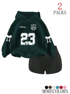 Women's Fall Winter Hooded Drawstring Sweatshirt Set, Fashionable Simple Design with Tree Branch Print, Casual Wear for Daily Use