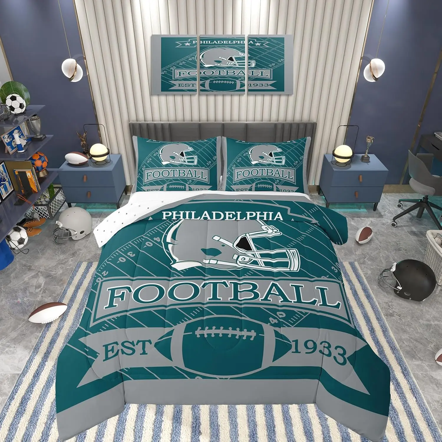 Kids American Football Bedding Set,Sports Football Philadelphia Comforter Set Bedroom Room Decor,Football Fans Comforter,Rugby Bed Set