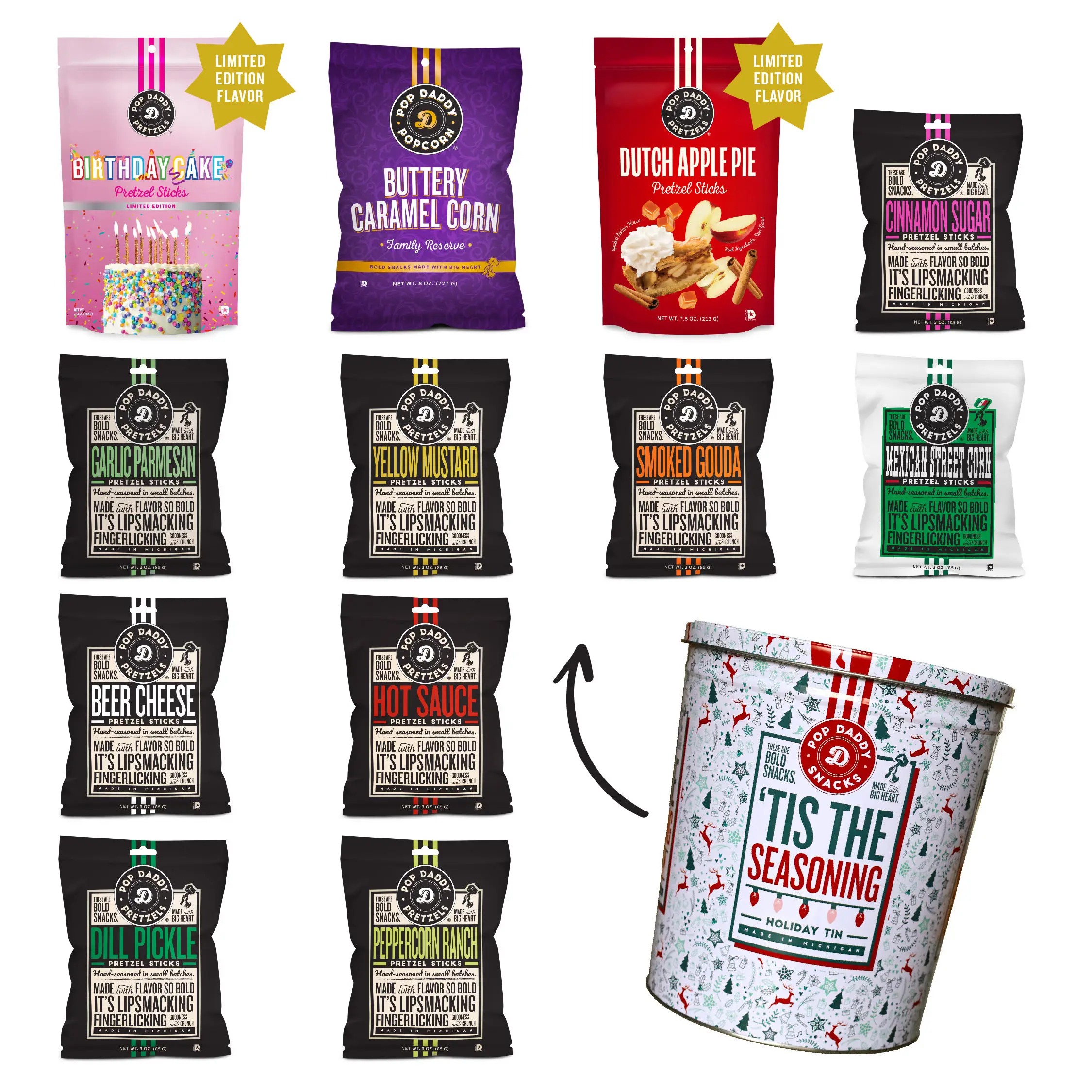 Holiday Tin - Pretzel Sampler Pack - 9 bags + BIRTHDAY CAKE PRETZELS + BUTTERY CARAMEL CORN + DUTCH APPLE PIE PRETZELS Snack Multipack
