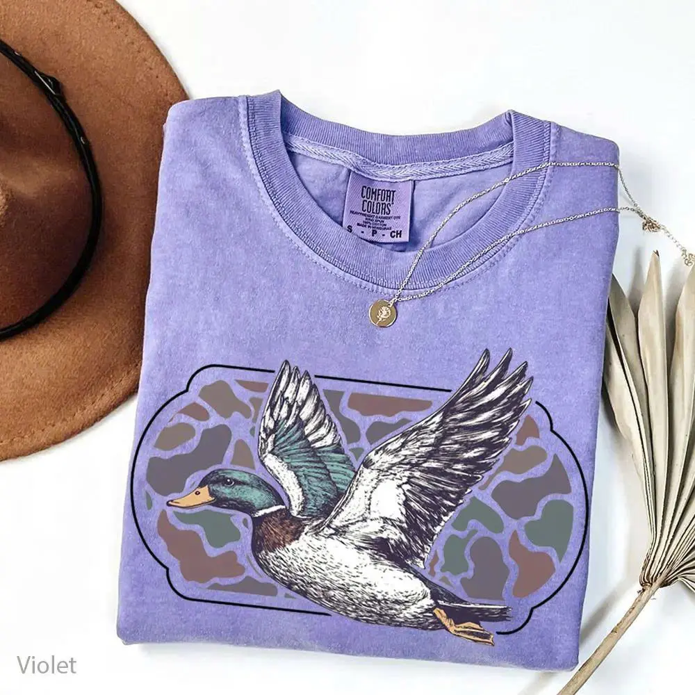 Comfort Colors Women's Vintage Camo T-Shirt with Mallard Bird Graphic - Soft Garment-Dyed Cotton, Relaxed Fit Shortsleeve Top, Deer, Piece, Fabric, Outdoors, Casual, Duck, T Shirts