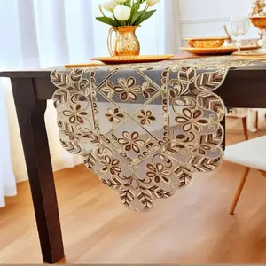 Elegant Floral Embroidered Tablecloth, Traditional Organza Design, Background with Trim, Multiple Rectangular Sizes