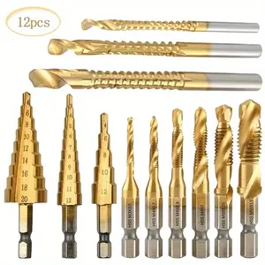12-Piece Step Drill Bit Set, Titanium Chrome Iron Cutter, Metric Thread Tap Tools, Wood & Metal Drilling, Manual Repair Tool Kit