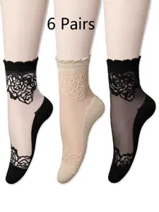 6 Pairs Sexy Sheer Lace Socks for Women, Floral Pattern See-Through Ankle Socks, Elegant Short Stockings for Dresses and Parties