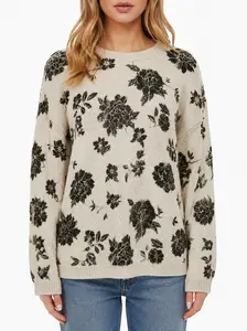 Floral Patterned Knit Sweater – Relaxed Fit Crewneck Pullover