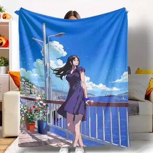 Summer Seaside Breeze Flannel Blanket Ocean View Anime Girl Print Soft Cozy Lightweight Plush Throw for Bedroom Living Room Sofa Travel Beach Picnic Gift Decor