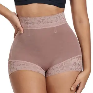 (With Butt Pads) Women's High Waisted Lace Body Shaper Butt Lifter Panty with Butt Pads Smoothing Tummy Control Brief Breathable Nylon Compression Shapewear Minimalist Elegant Everyday Basic Black Womenswear forever-foxy silicone buttock enhancer faja  le
