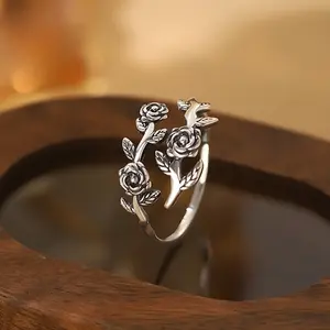 1 Elegant Retro Style Adjustable Open Flower Design Rose Ring, Suitable for Women'S Daily Wear And Gift Giving, Is an Ideal Choice for Mother'S Day