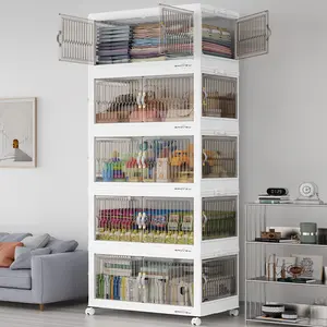 Broview V8F 360Qt/480Qt/600Qt Large Stackable Storage Bins with Lids, Plastic Closet Organizer and Storage Drawer, Collapsible Storage Box with Wheels, Folding Storage Cabinet with Doors for Home Kitchen Office