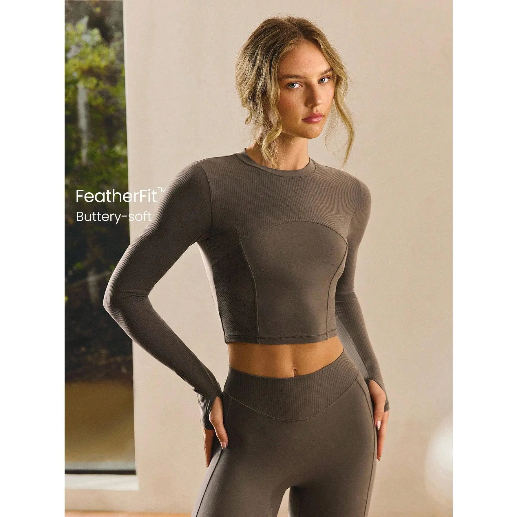 GLOWMODE FeatherFit™ Soft Stretchy Ribbed Seam-Dividing Design Long-Sleeve Tee Top Low Impact Yoga Pilates Studio Daily Casual Wear Removable Cups