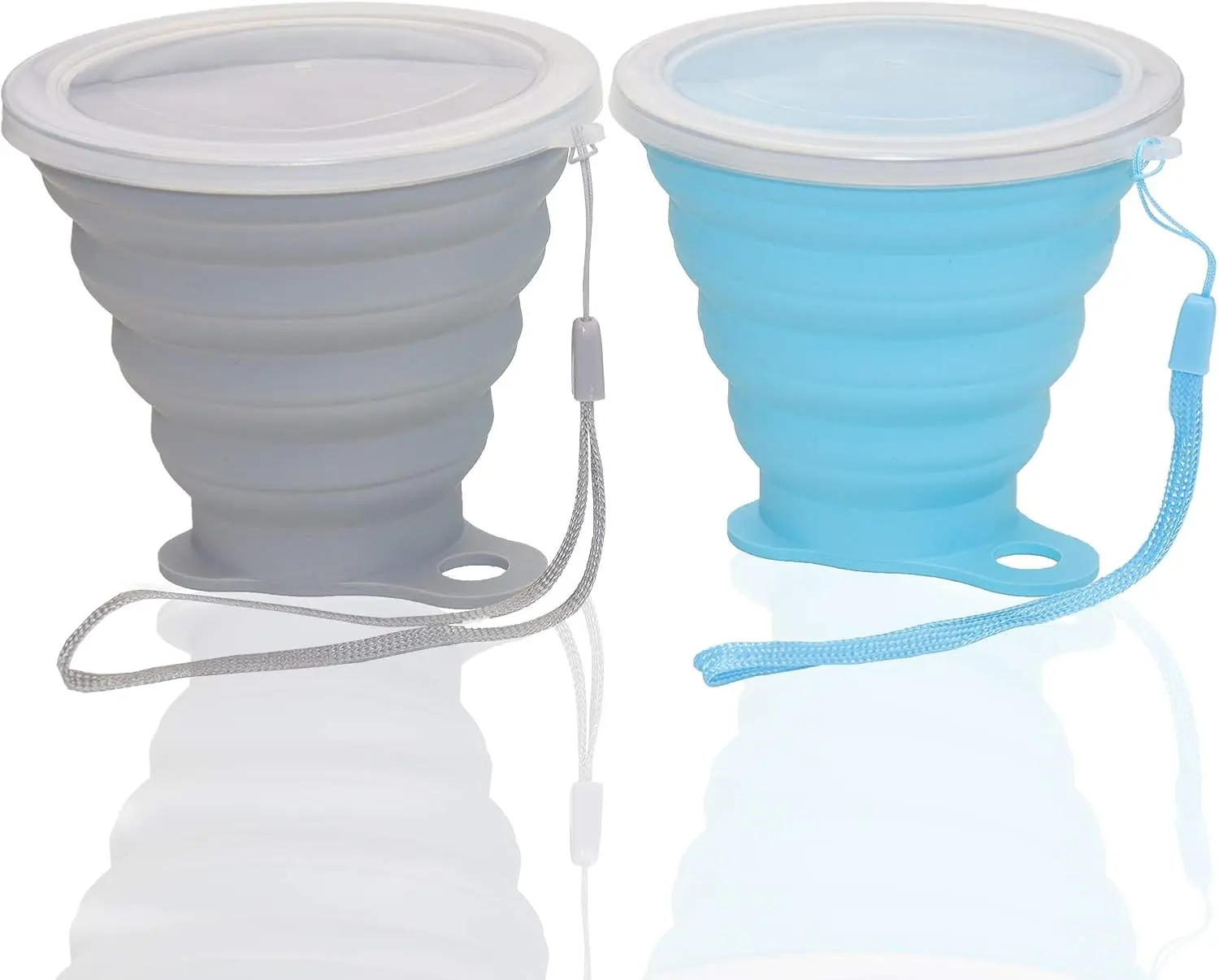 Collapsible Cups for Camping Travel, Small Portable Drinking Cup with Lids  for Outdoor Hiking 270ml (Blue/Gray, 2 Pack)