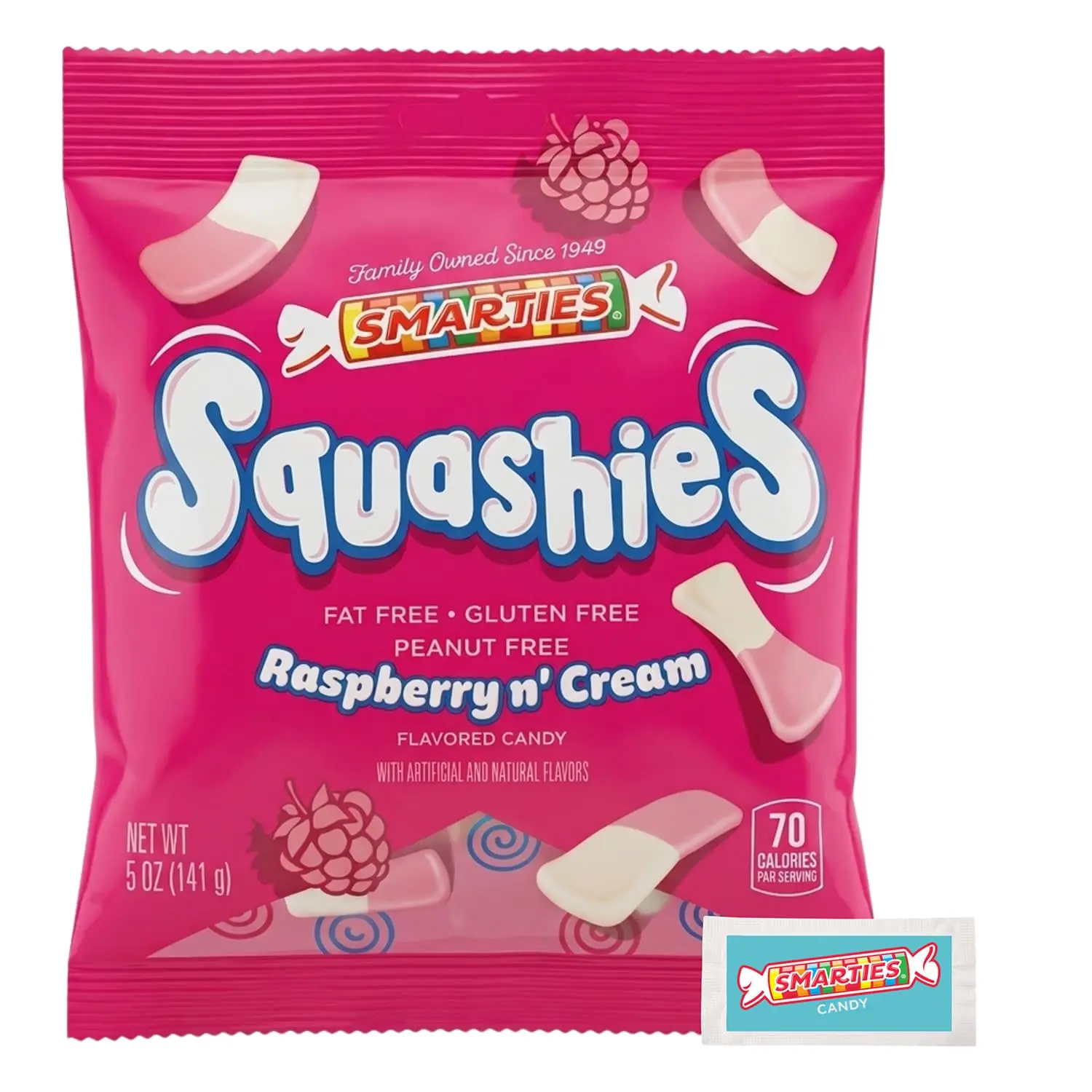 Smarties Squashies Foam Gummy Candies & Smarties Sample Packet Variety-Pack of 12- Raspberry & Cream Flavored - Allergen Free, Peanut Free & Gluten Free Candy - Soft & Chewy Squashies Candies for Parties & Birthdays -  5 oz Bag (Pack of 12)