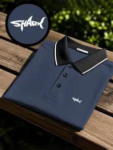 Men's quick-drying polo shirt short-sleeve with creative shark print design, breathable and comfortable for sports wear, colorfast, full-body fitting cut, sweat-absorbing, non-sticky