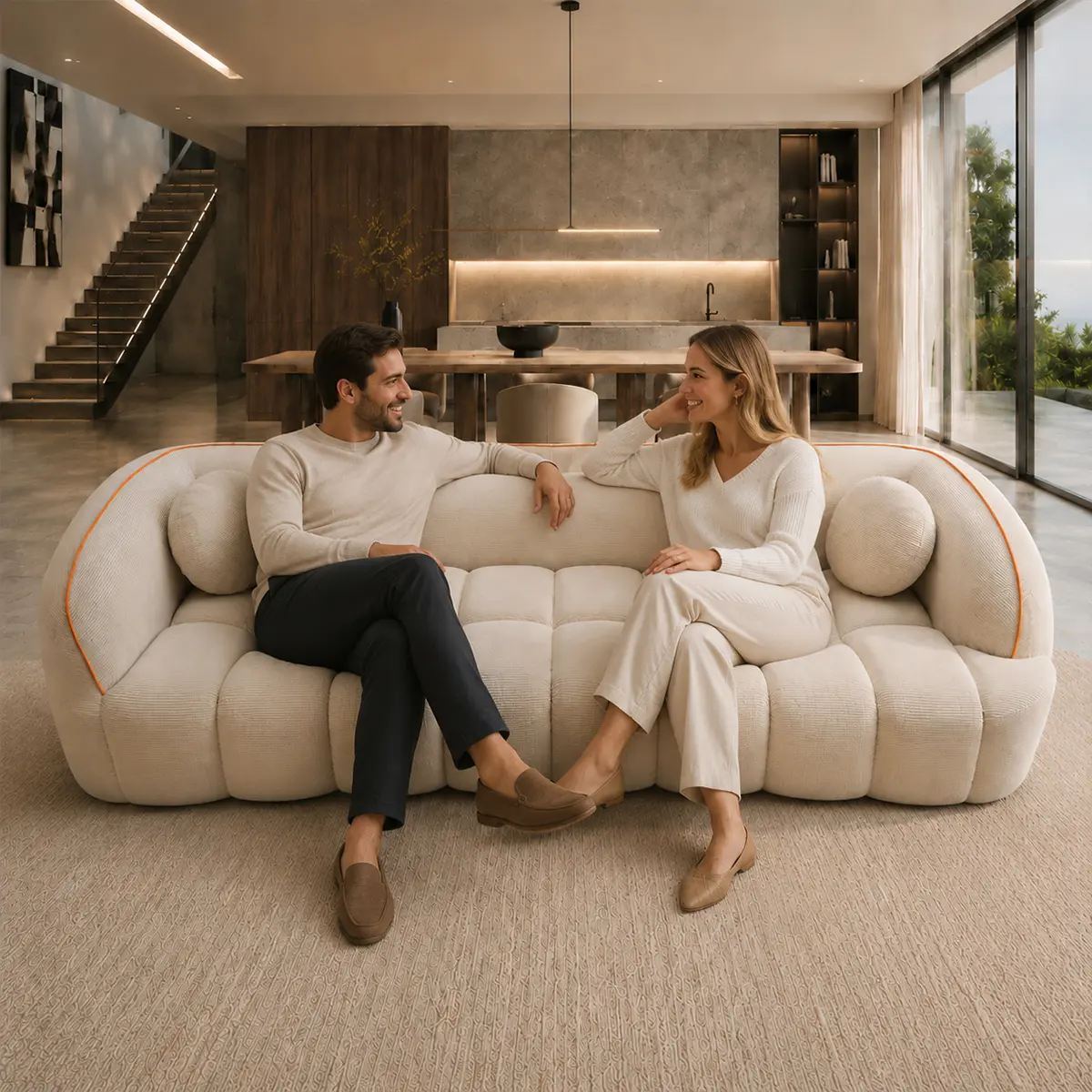 98.4" Modern Compressed Sofa, Cloud Couch 3-Seater Corduroy Sofa, No Assembly Required, Bubble Channel Tufted Couch with 2 Pillows, Comfy Deep Seat for Living Room, Apartment, Office