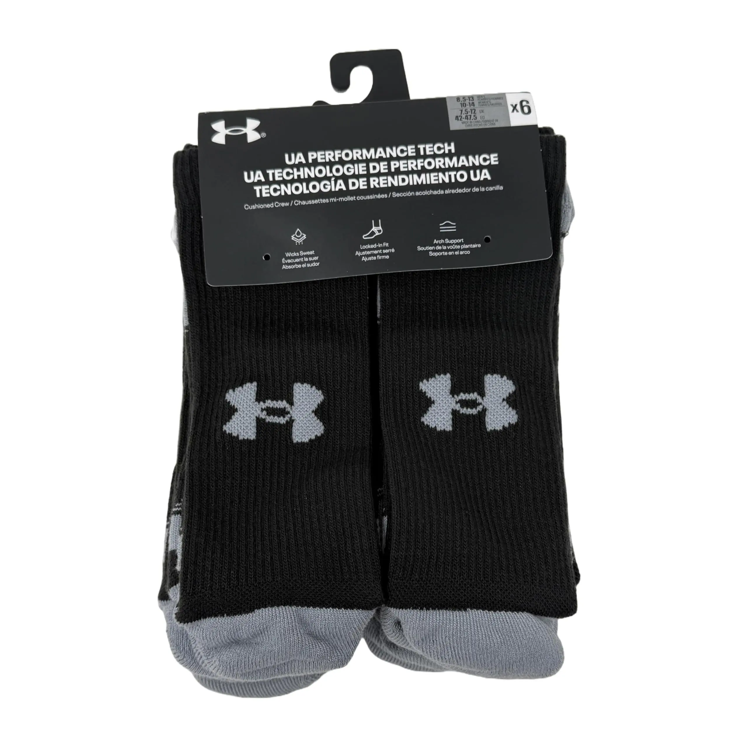 Under Armour Men's UA Performance Tech Cushioned Crew Socks - 6 Pack, Fitted, Breathable Mesh, Black (Small/Medium/Large)