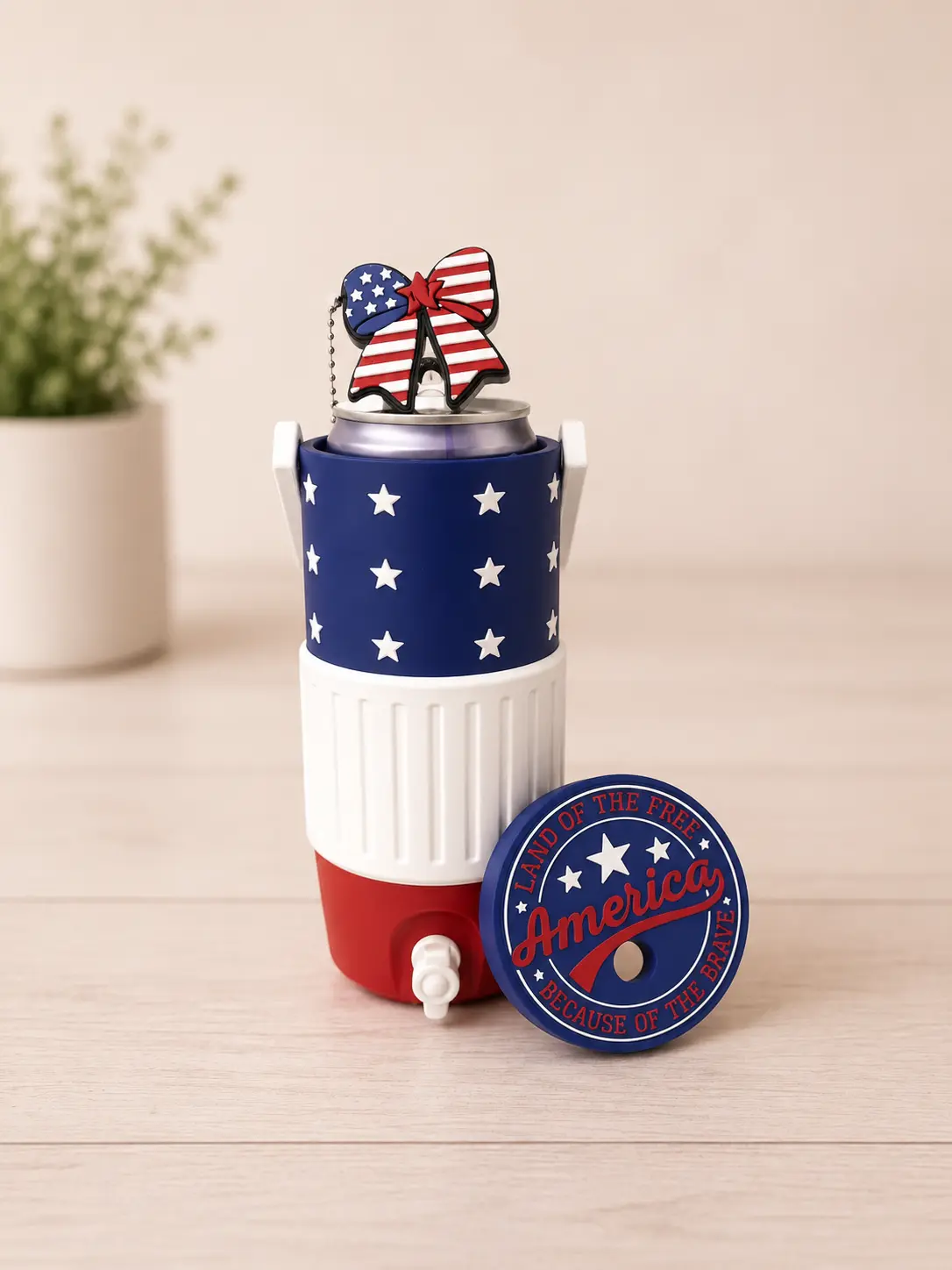Little Whimsy Co. Handmade Sturdy Lightweight Skinny Fit Bundle - 12 oz Insulated Beverage Holder, Reusable Can Holder, Nail Saver Bow Accessory Can Opener for Kitchenware, BBQs, Patriotic Design Holidays (Teacher Gifts)