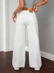 Women's Vintage Loose Straight Leg Jeans Pants, Pure Color Washed Front Rivet Design, Wide Leg Style, Casual Daily Everyday Wear