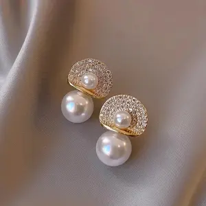 Korean Style Simple Large Pearl & Diamond Stud Earrings • Niche Light Luxury High-End Design Earrings