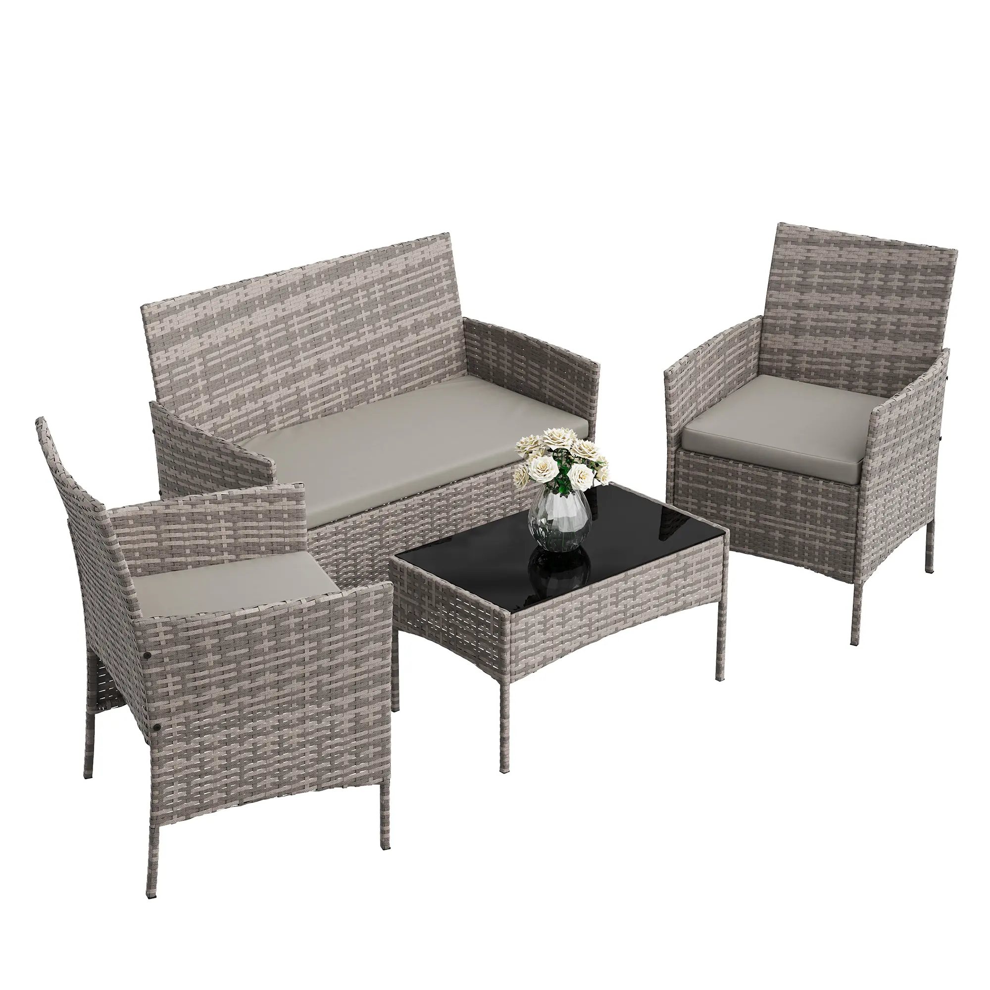 4-Piece Outdoor Patio Furniture Set - Wicker Rattan Conversation Bistro Set with 2 Chairs, Loveseat, and Coffee Table - Upholstered Cushions - Ideal for Garden, Porch, Backyard, Balcony