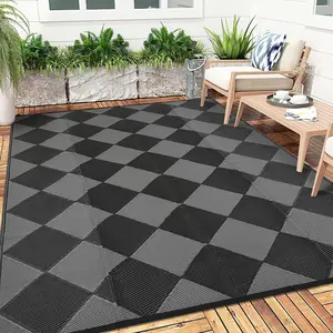 Outdoor Rug Outdoor Patio Rug Reversible Plastic Straw Rugs Waterproof Foldable Mat Easy Clean Lightweight Carpet for Backyard Camping Porch RV Beach Balcony Deck Picnic Checkered Black