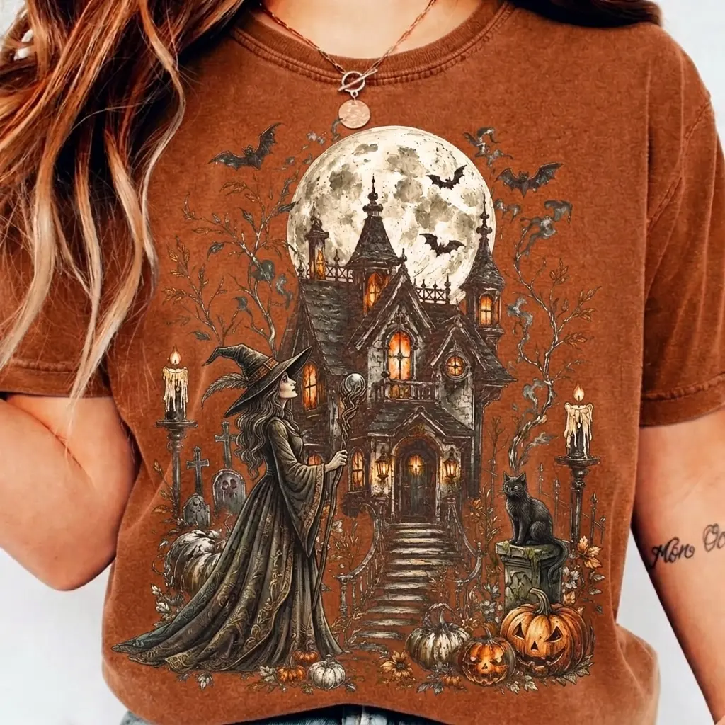 Witch Haunted House Halloween Shirt, Vintage Spooky Mansion Graphic Tee, Gothic Pumpkin Fall Comfort Colors Shirt for Women