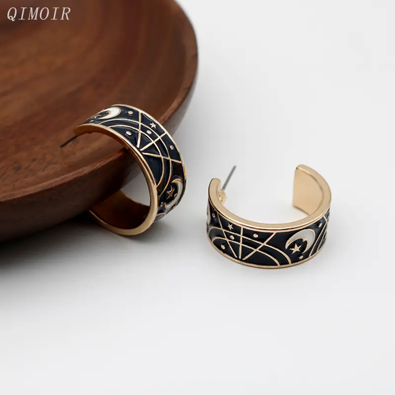 The Universe Earrings Dark Grey Enamel Cream Moon Star Ear Post Studs For Women Fashion New Designer Vintage Styles Gifts C1210