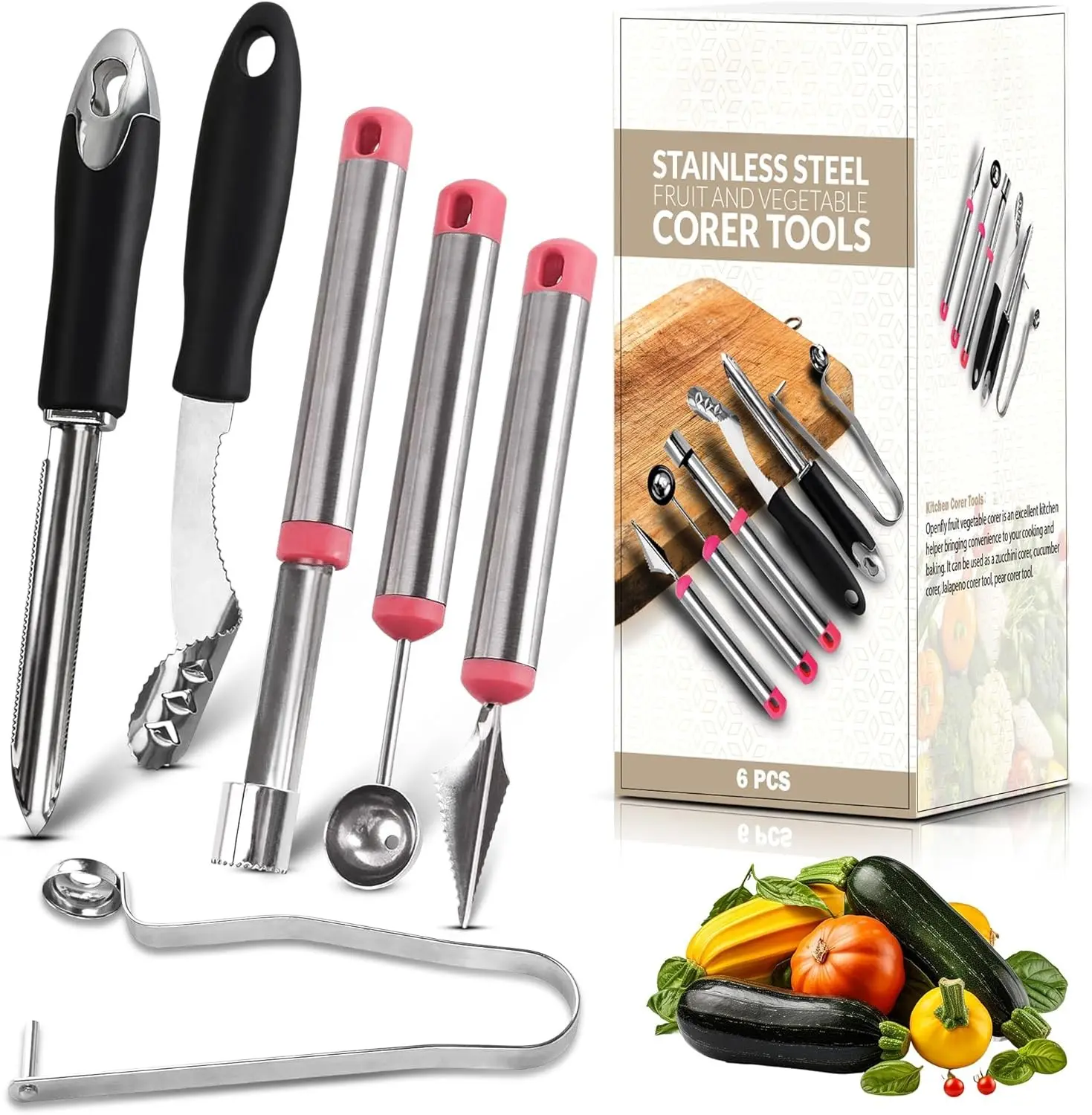 [USA Stock] -  6 PCS Stainless Steel Fruit and Vegetable Corer Set - Apple Corer, Jalapeno Tool, Melon Baller, Pepper Corer, Pineapple Tomato & Zucchini - Dishwasher , Non-Slip Grip, Ergonomic Design