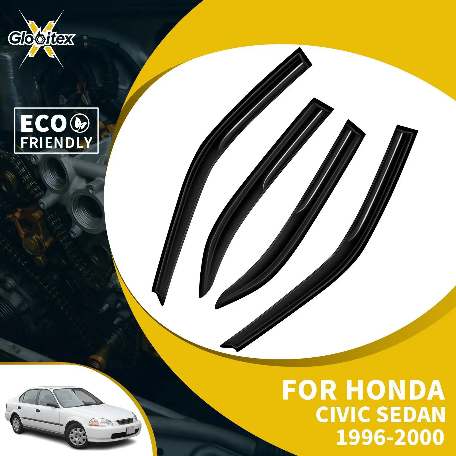 Tape-On Outside Window Visors - 4PCS Automotive Car Accessories, Acrylic Low Profile Water Channel, Sun Protection Sun Blocker, Vent Wind Deflectors for Honda Civic 4-Door Sedan 1996-2000 (JDM Mugen Style Mount), Water Drainage