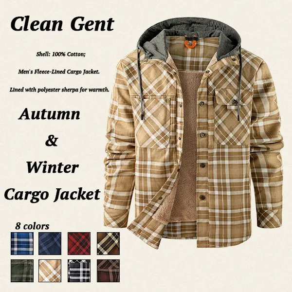 Clean Gent Men’s slim-fit casual plaid cotton jacket — hooded workwear long-sleeve outerwear with functional pockets and soft fabric; the hood provides added outdoor coverage; ideal for outdoor work (new autumn arrival).