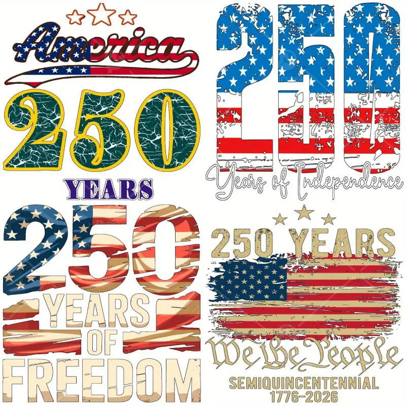 4Pcs 250th Anniversary American Flag Iron On Patches Patriotic USA 250 Years Freedom Independence Day Heat Transfer Decals DTF Stickers for Clothes Bags Fabrics Crafts DIY Material 1776-2026 Design Washer Safe