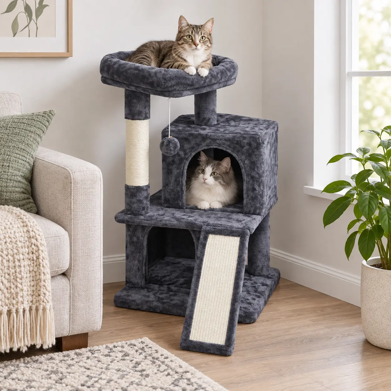 Costoffs 36" Pink Plush 3-Tier Cat Tree - 2 Condo Hideouts, Sisal Scratching Board, Stable Base, Dual Doors, Dangling Ball, Anti-Topple Strap, Wall Anchor, Minimalist Decor-Fit, Easy Assembly, 19″ L×18″ W×36″ H Scratching House Tree & Condos