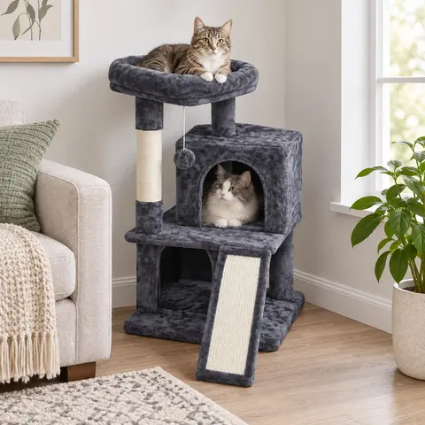 Costoffs 36" Pink Plush 3-Tier Cat Tree - 2 Condo Hideouts, Sisal Scratching Board, Stable Base, Dual Doors, Dangling Ball, Anti-Topple Strap, Wall Anchor, Minimalist Decor-Fit, Easy Assembly, 19″ L×18″ W×36″ H Scratching House Tree & Condos