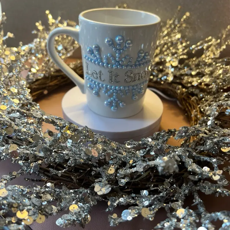 Let it Snow Bling Mug with Sparkling Snowflake Design and Elegant White Finish Perfect for Winter Beverages