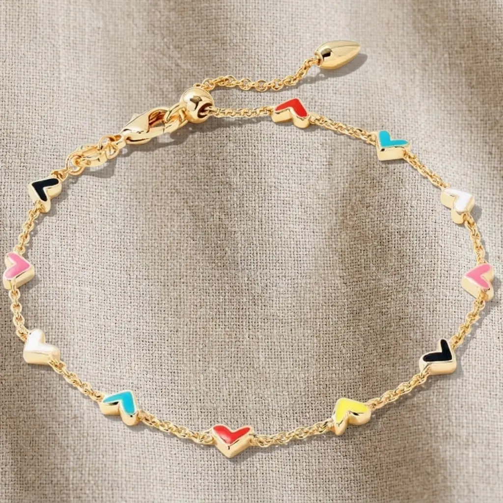 Kendra Scott Haven Delicate Chain Necklace & Bracelet, Fashion Jewelry: Decorated with vibrant colorful and soft pink heart charms, polished finish, ideal for daily wear, adds playful sweet charm to your look